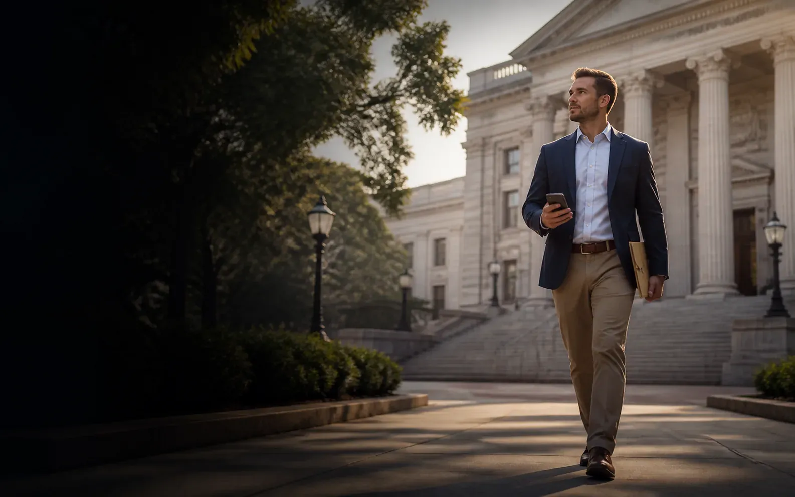 A professional litigation support specialist outside a courthouse